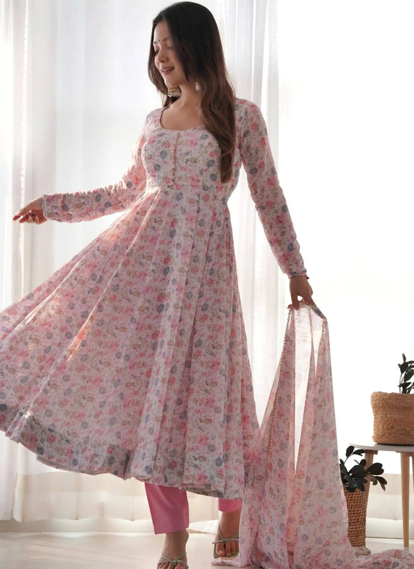 Pure Chiffon Floral Print Anarkali Pink
