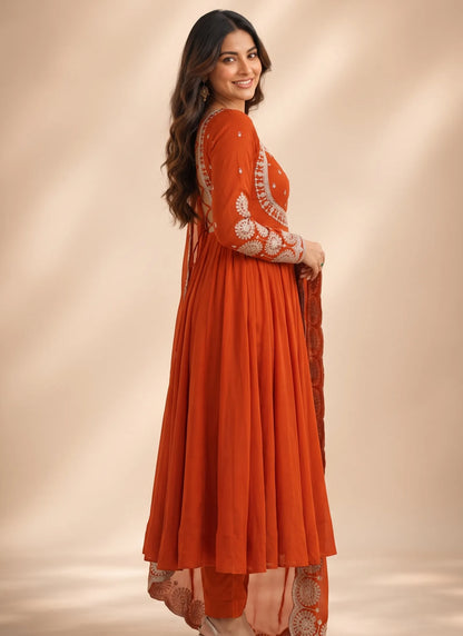 Orange Roman Silk Designer Anarkali Suit