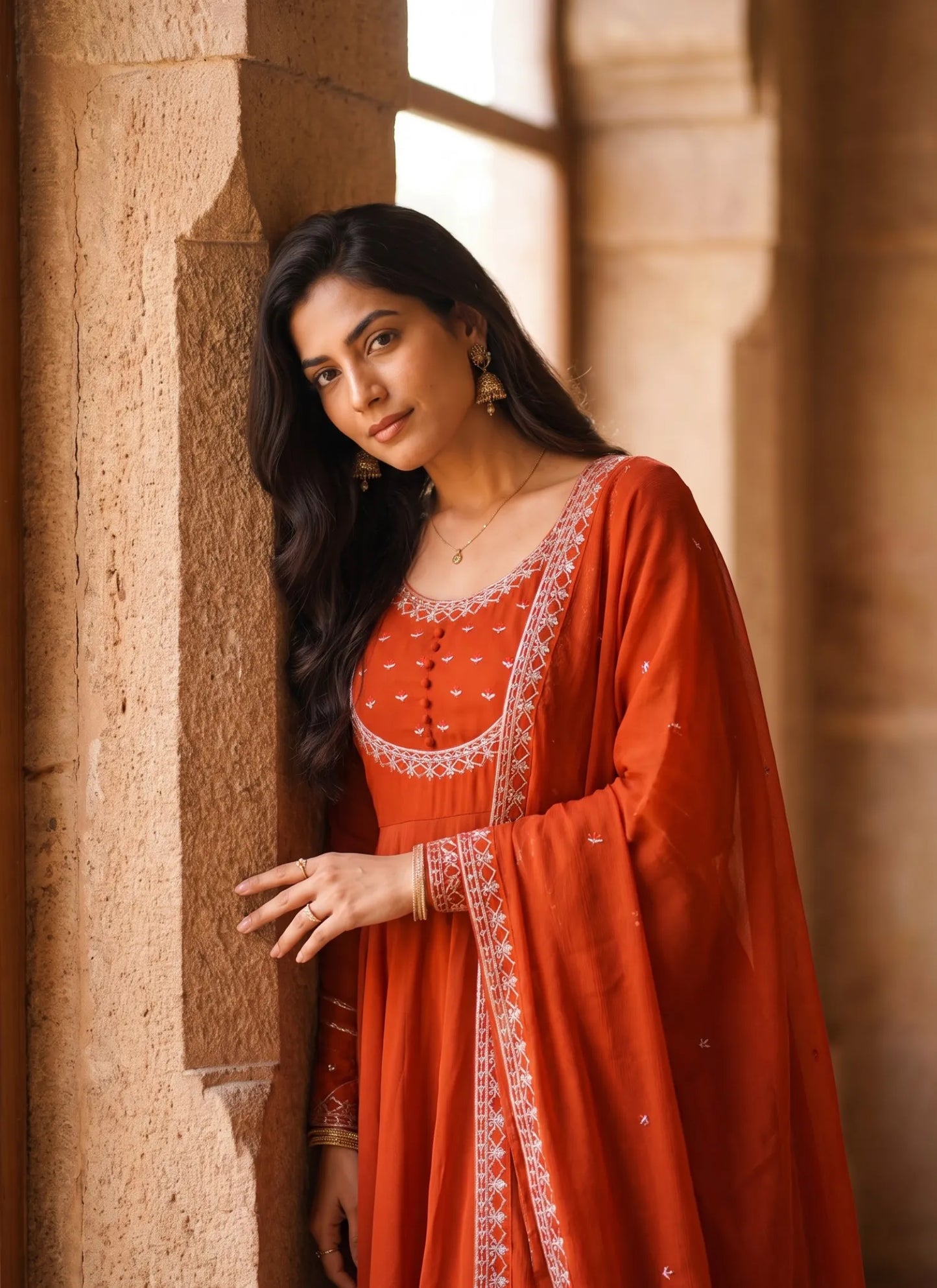 Orange Roman Chanderi Silk Anarkali Suit