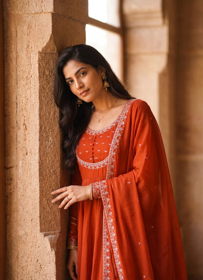 Orange Roman Chanderi Silk Anarkali Suit