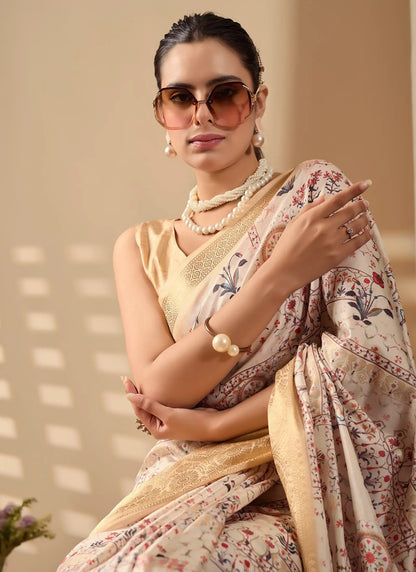 Ethnic Print Soft Lichi Silk Saree Beige