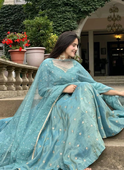 Premium Barbary Silk Designers Kurta Set Sky