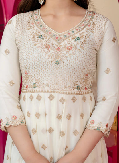 Off White Faux Blooming With Thread Embroidered Work Anarkali Suit