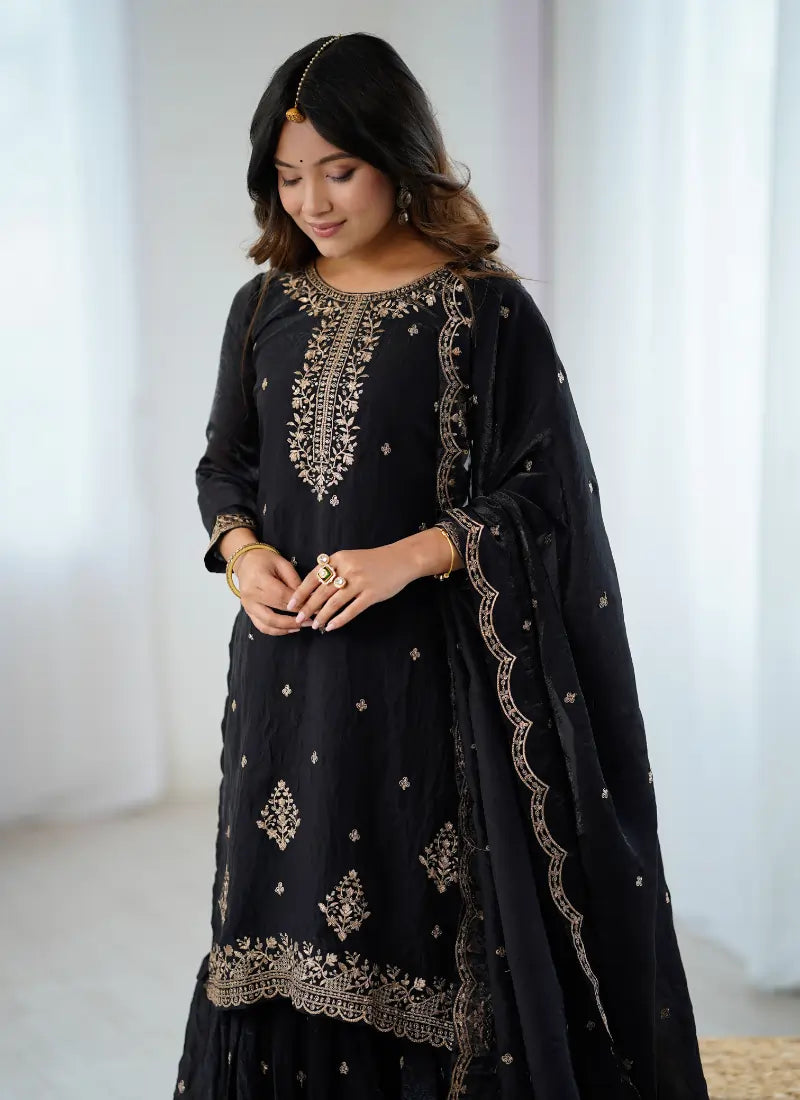 Pure Soft Crunchy Silk Fabric Sharara Black