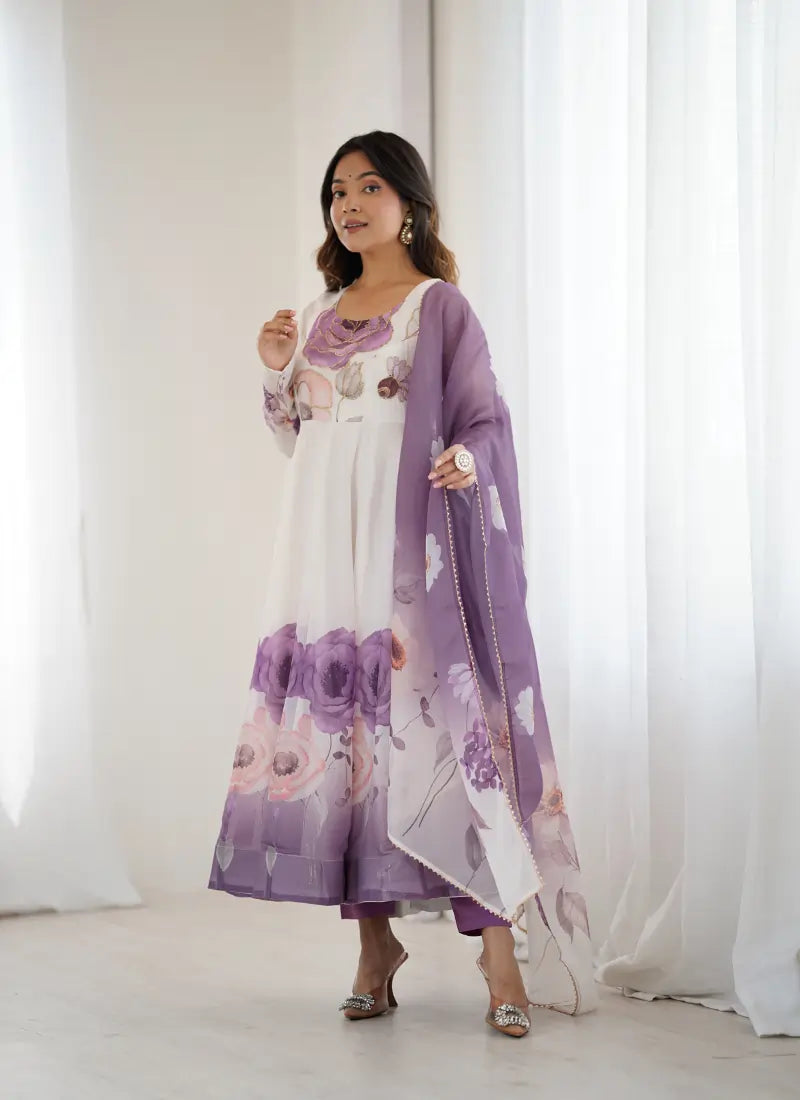 Heavy Pure Soft Organja Silk Print Anarkali Violet