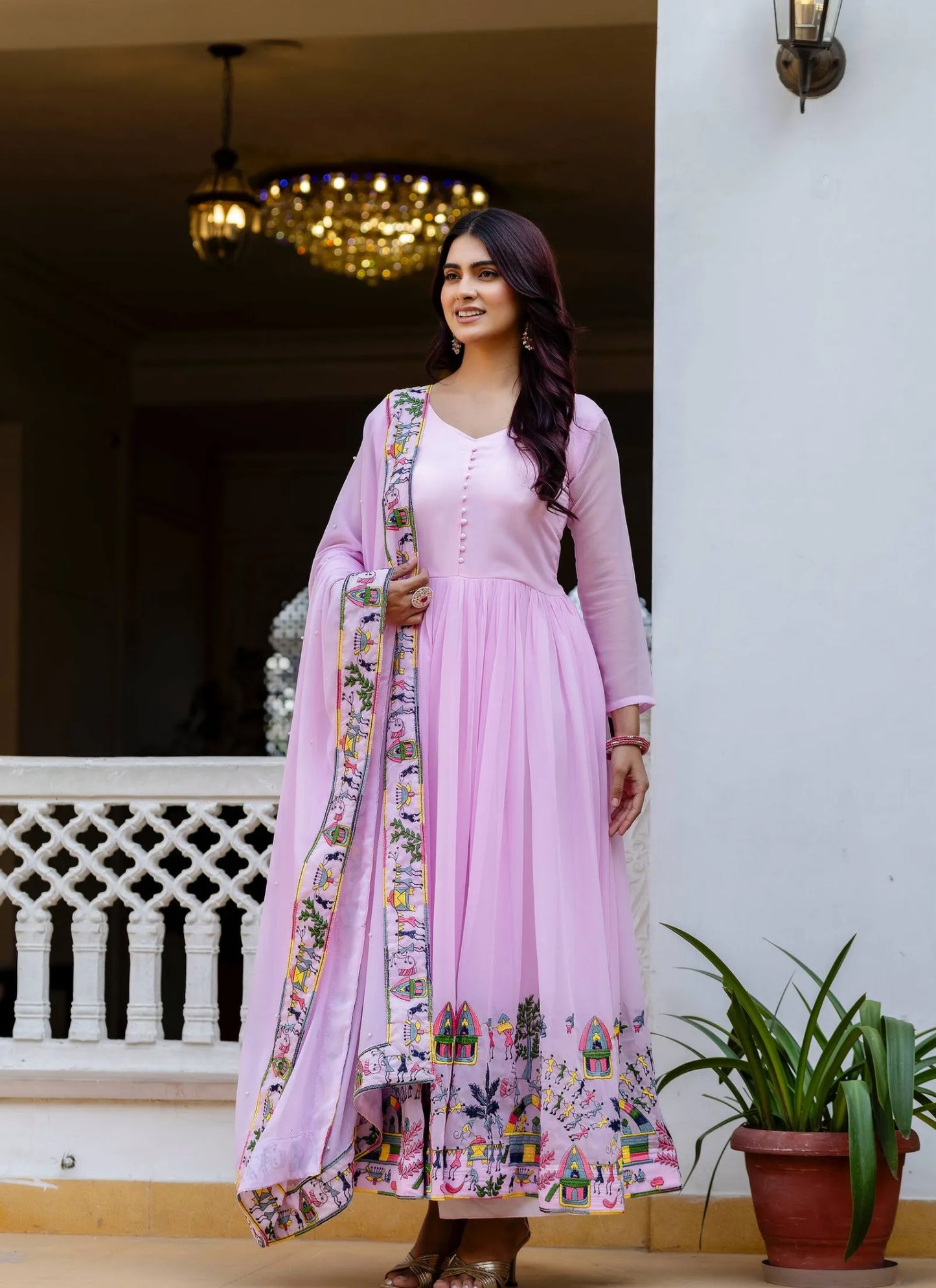 Purple Embroidered Faux Georgette Gown