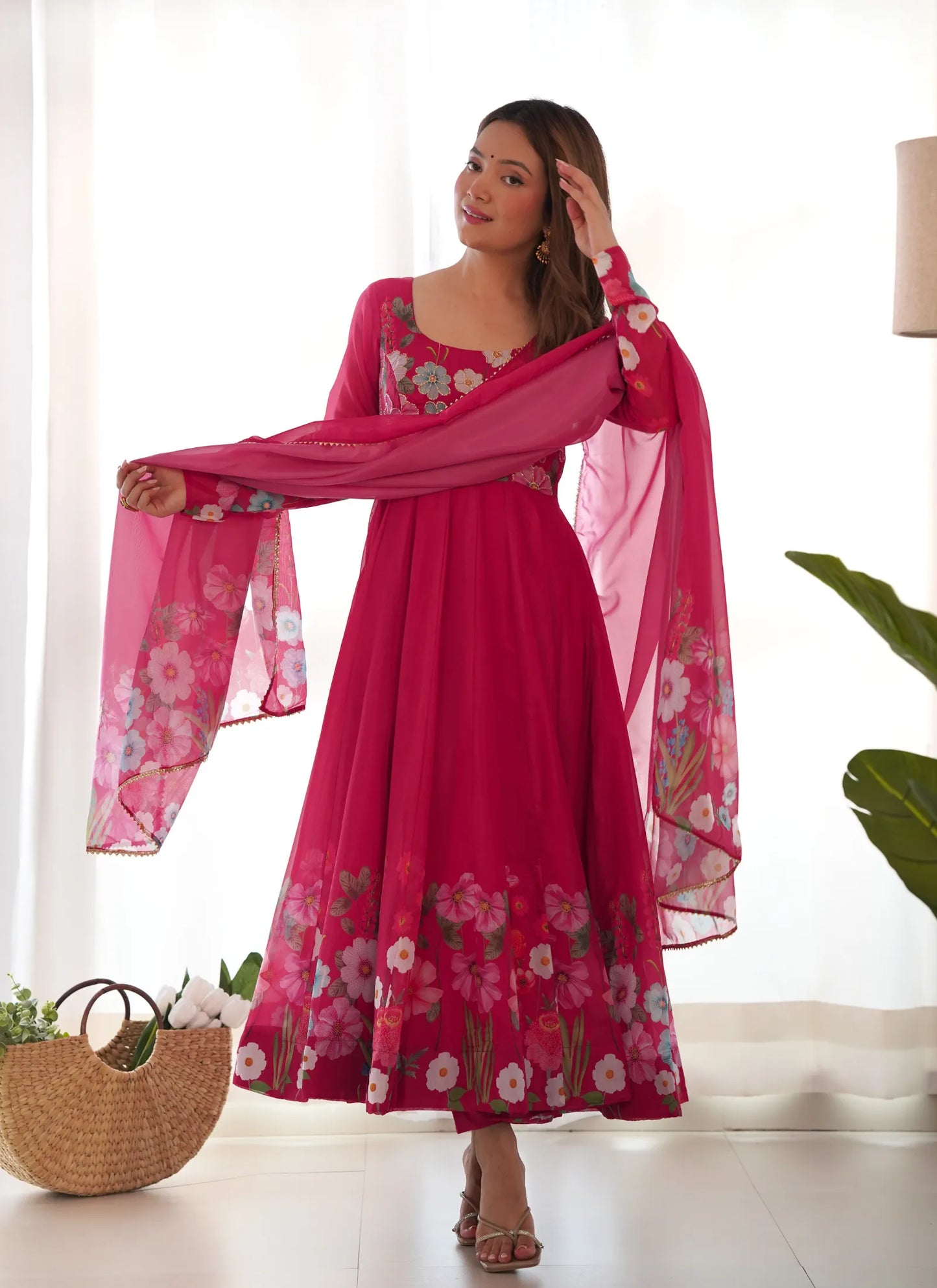 Pure Soft Organja Silk Anarkali Pink