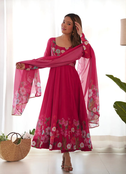 Pure Soft Organja Silk Anarkali Pink