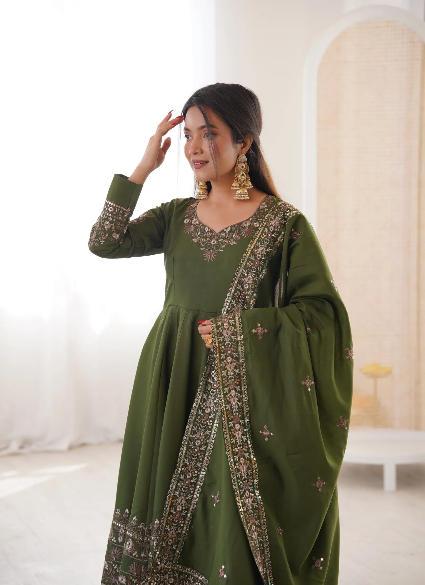 Green Embroidered Sequence Anarkali Suit