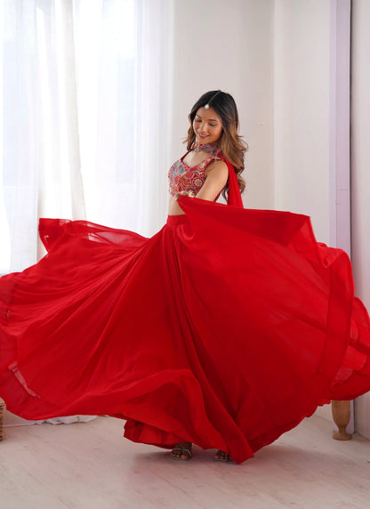 Pure Soft Fox Georgette Lehenga Choli Red