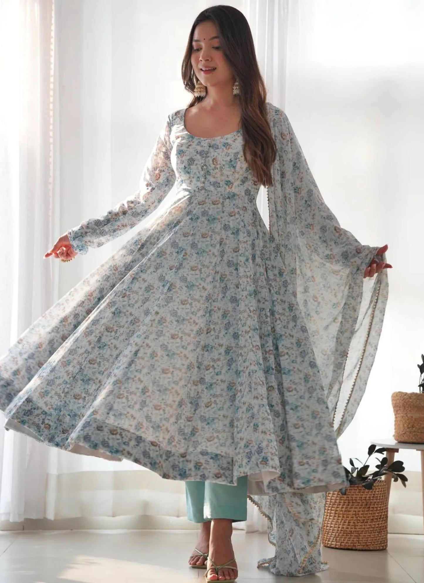 Pure Chiffon Floral Print Anarkali Sky