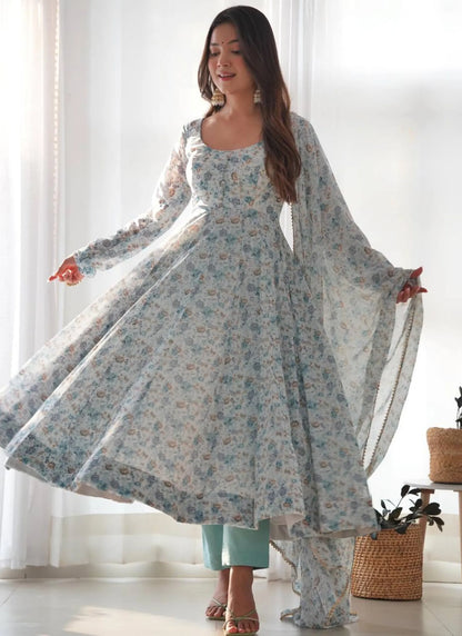 Pure Chiffon Floral Print Anarkali Sky