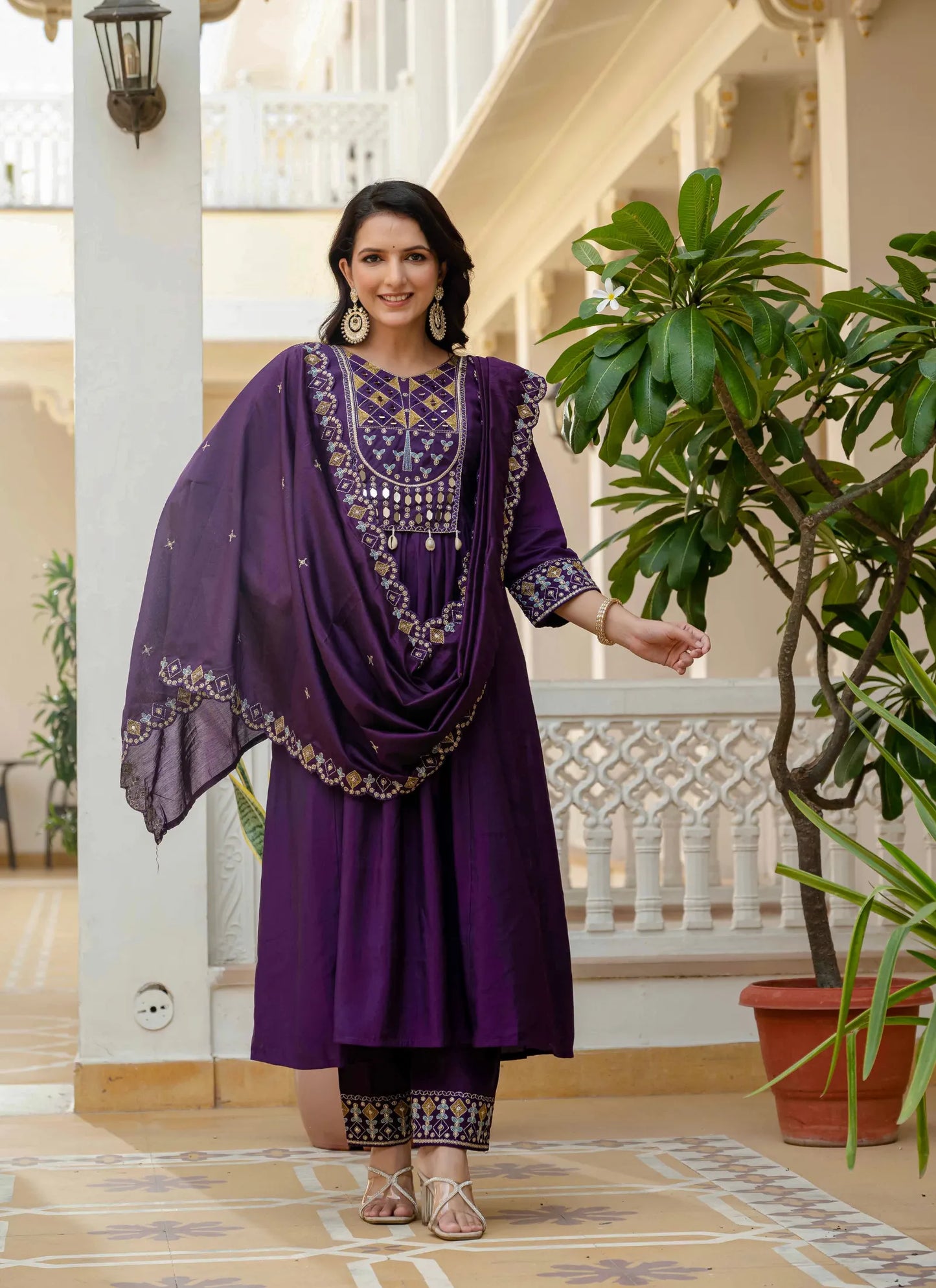 Beautiful Roman Silk Anarkali Kurti Purple