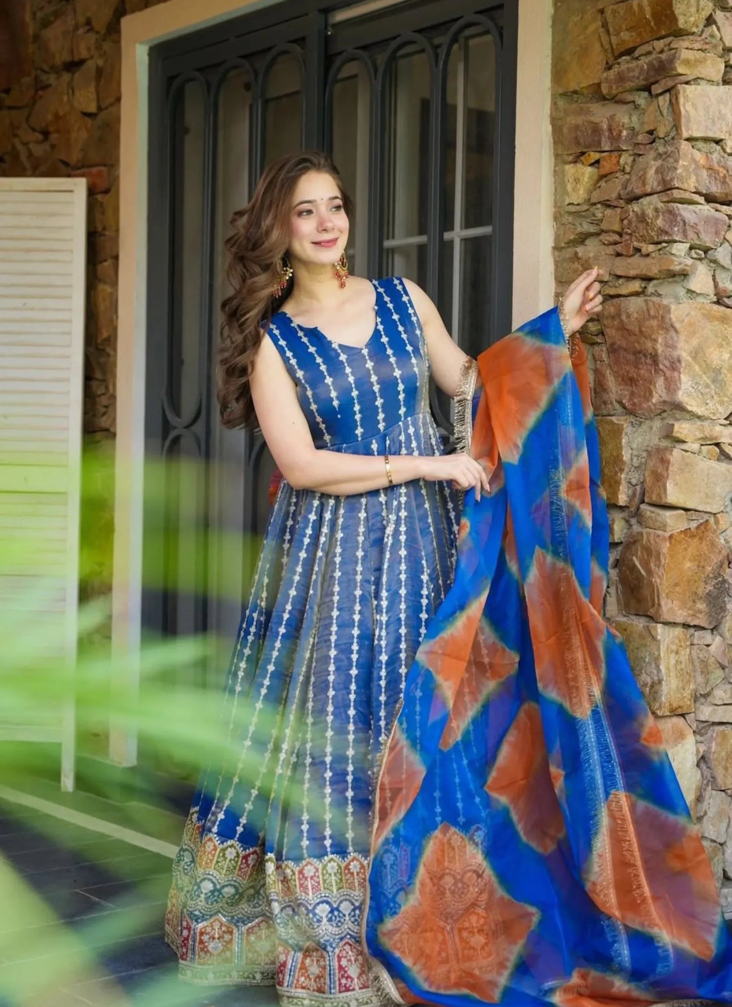 Pure Organza Silk Anarkali Gown Blue