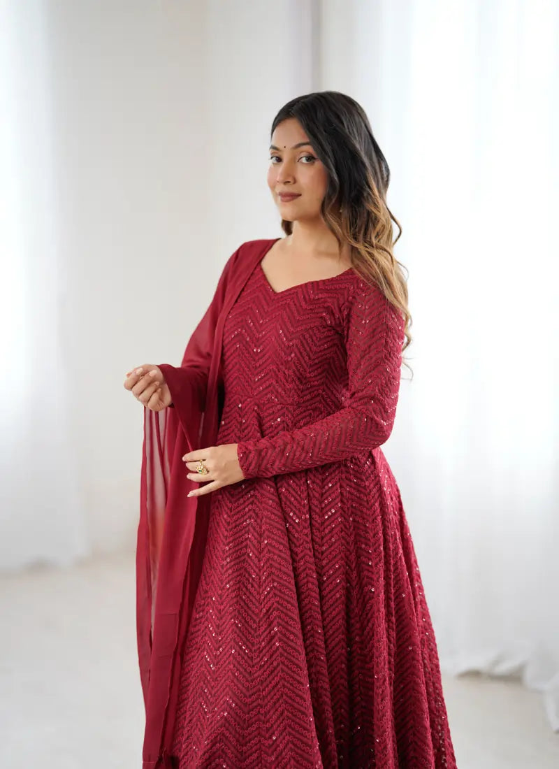 Classic Lucknowi Georgette Fabric Anarkali Suit Maroon