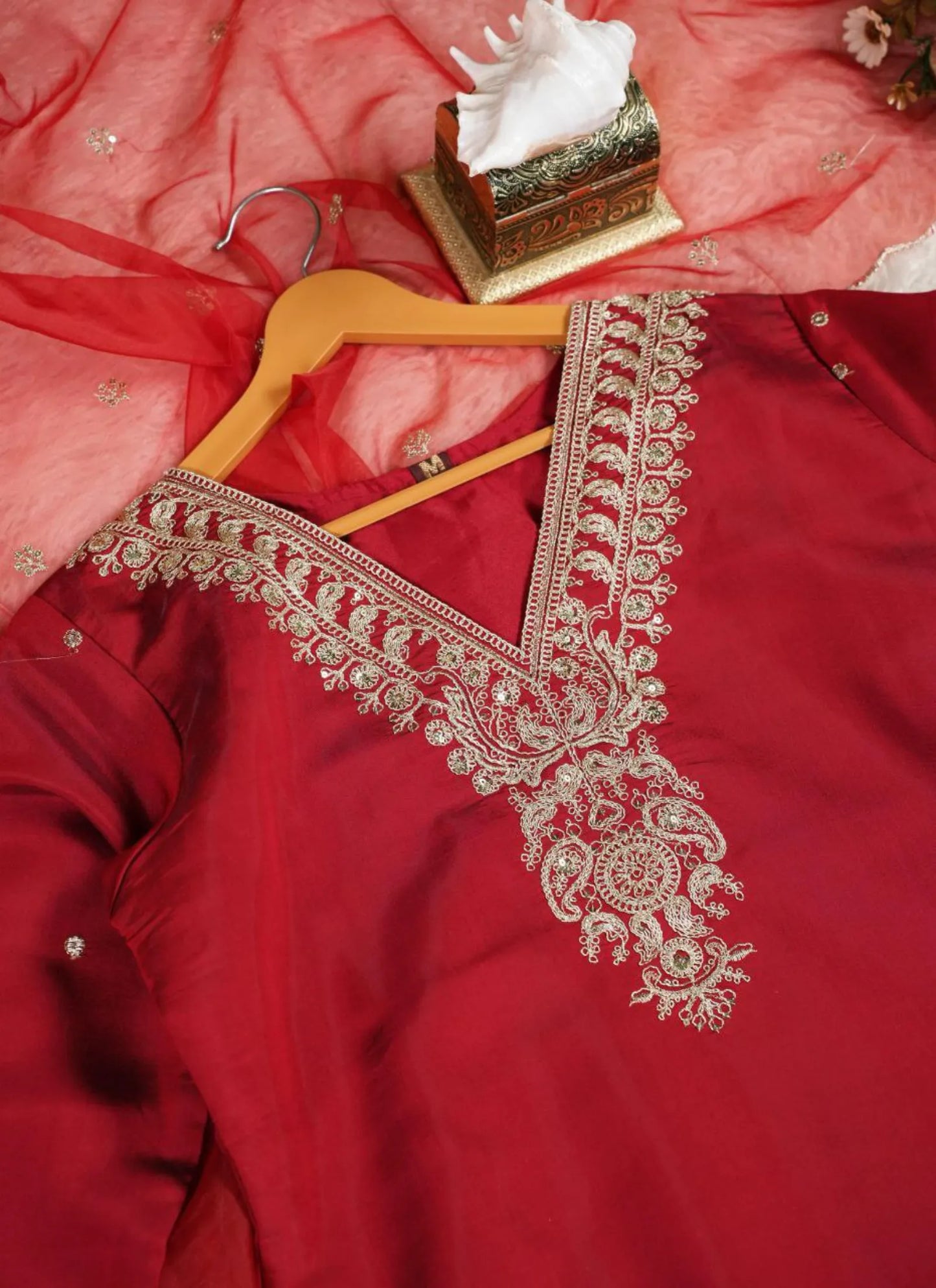 Premium Roman Silk Designers Kurta Set Red