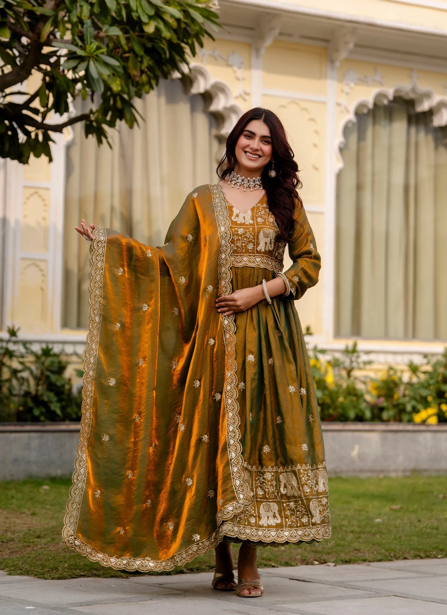 Muddy Green Embroidered Fendy Satin Gown