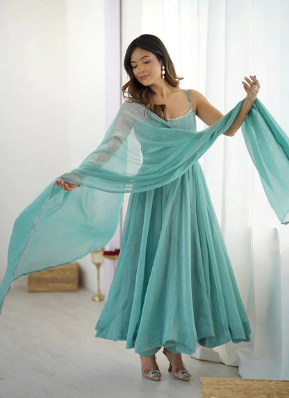 Crunchy Silk Fabrics Fully Flair Anarkali Sea Green