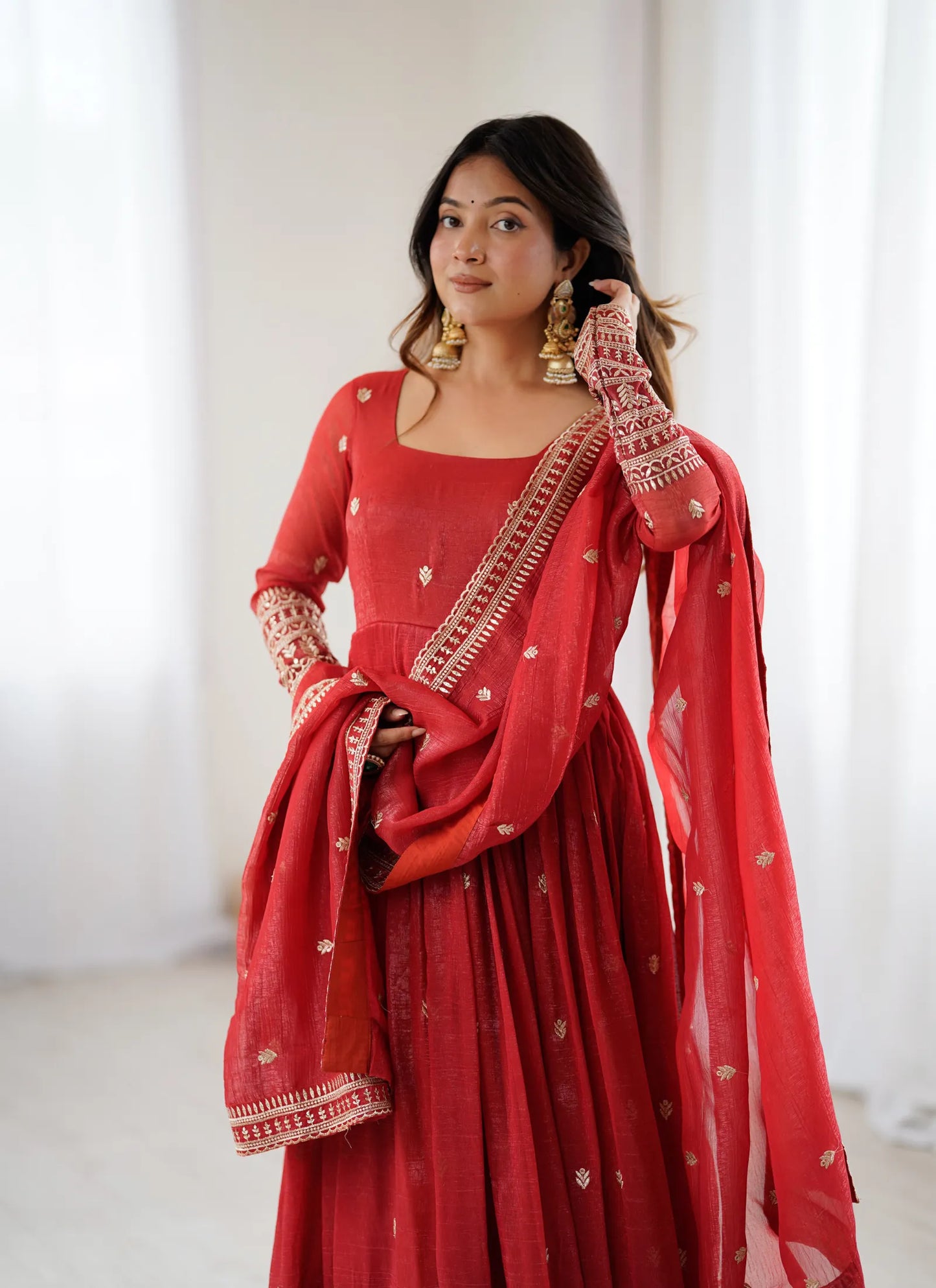 Premium Crunchy Silk Anarkali Gown Rust