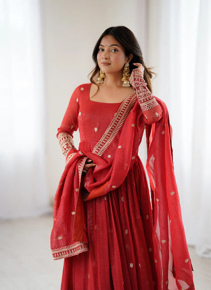 Premium Crunchy Silk Anarkali Gown Rust