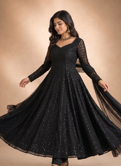Black Lucknowi Sequence & Thread Work Anarkali Suit
