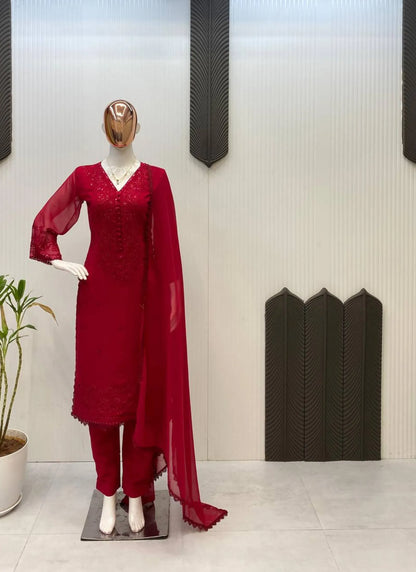 Premium Georgette Embroidery Salwar Suit Red