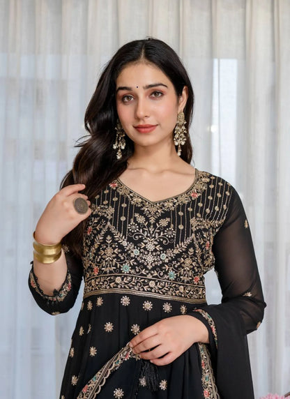 Black Faux Blooming Fabric Thread Embroidered Anarkali Suit