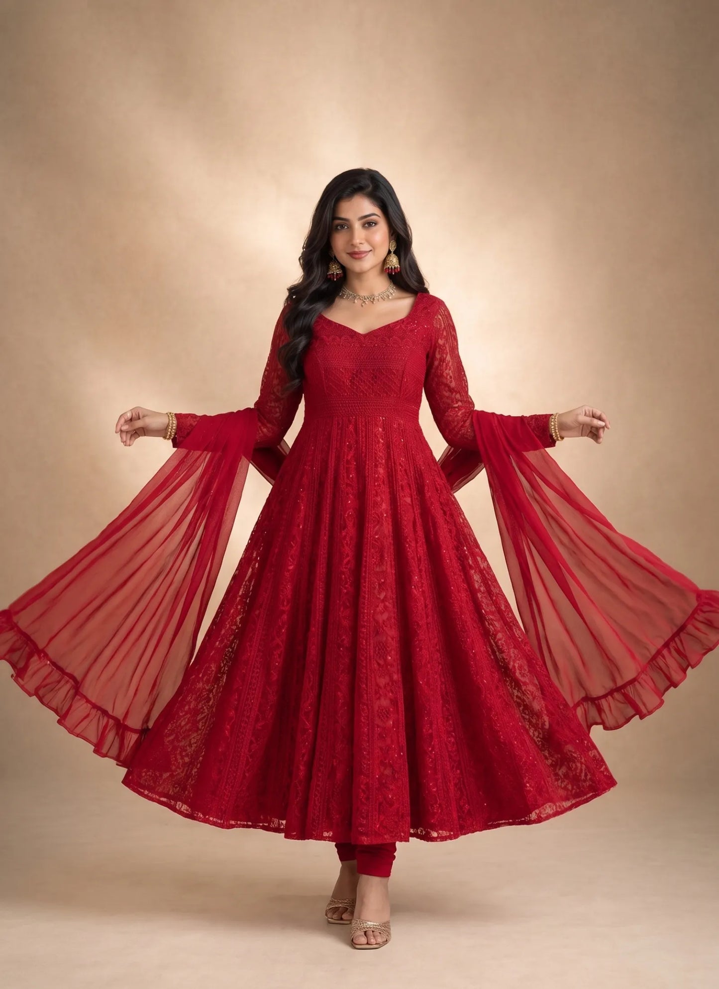 Red Lucknowi Sequence & Thread Work Anarkali Suit