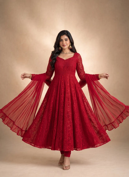 Red Lucknowi Sequence & Thread Work Anarkali Suit