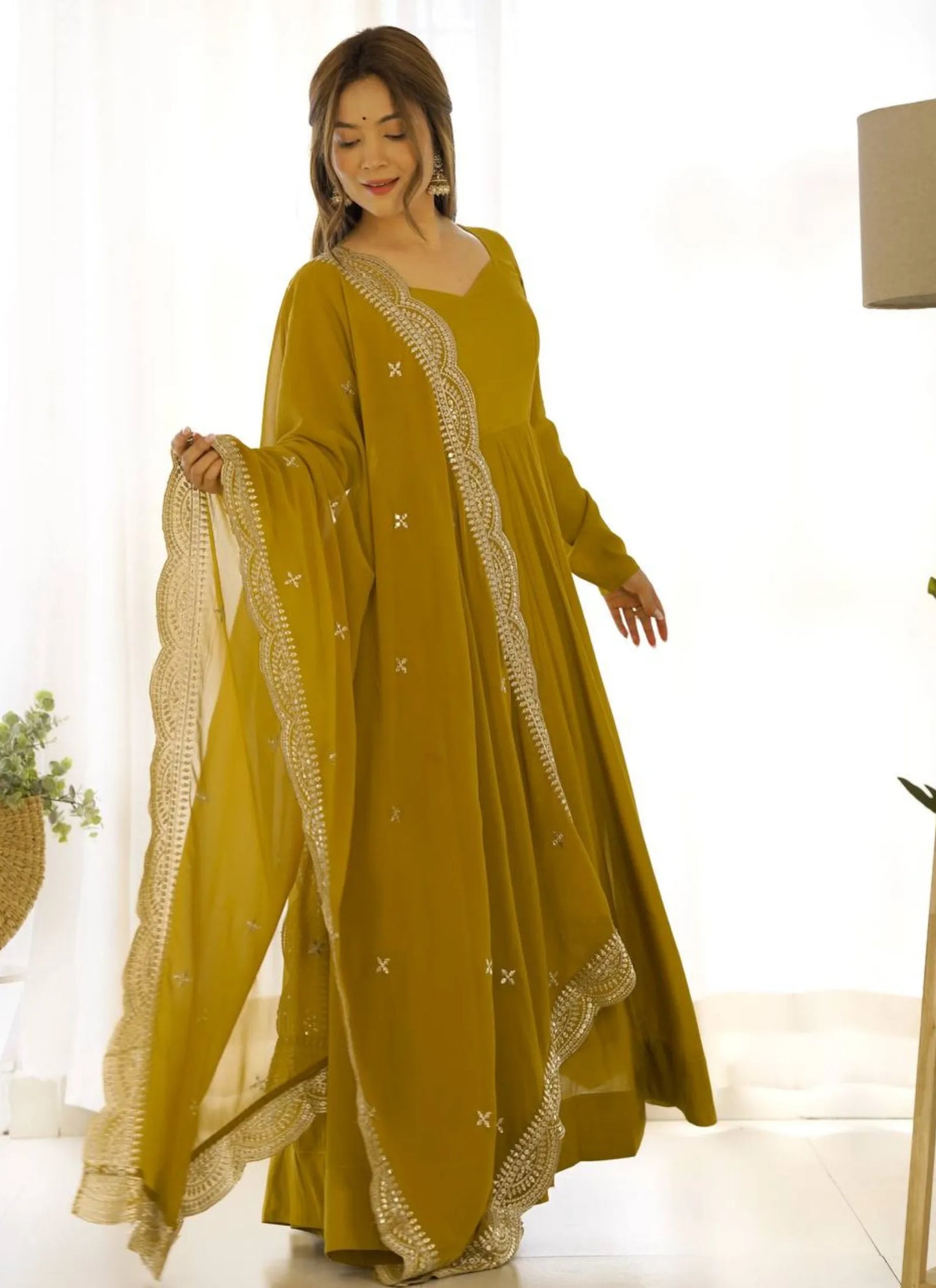 Pure Romansilk Chanderi Fabric Anarkali Mustard
