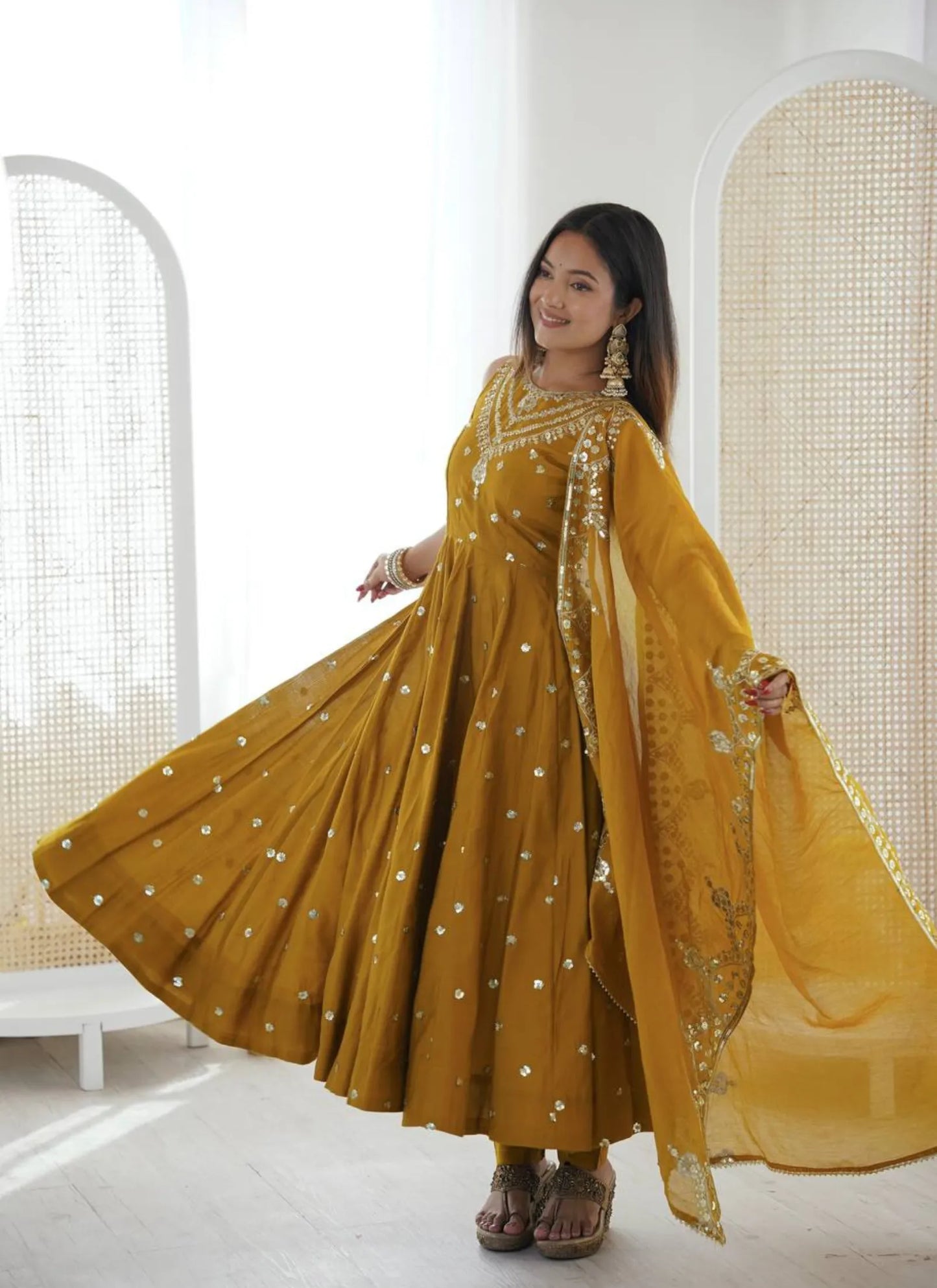 Mustard Roman Silk Embroidery Anarkali Suit