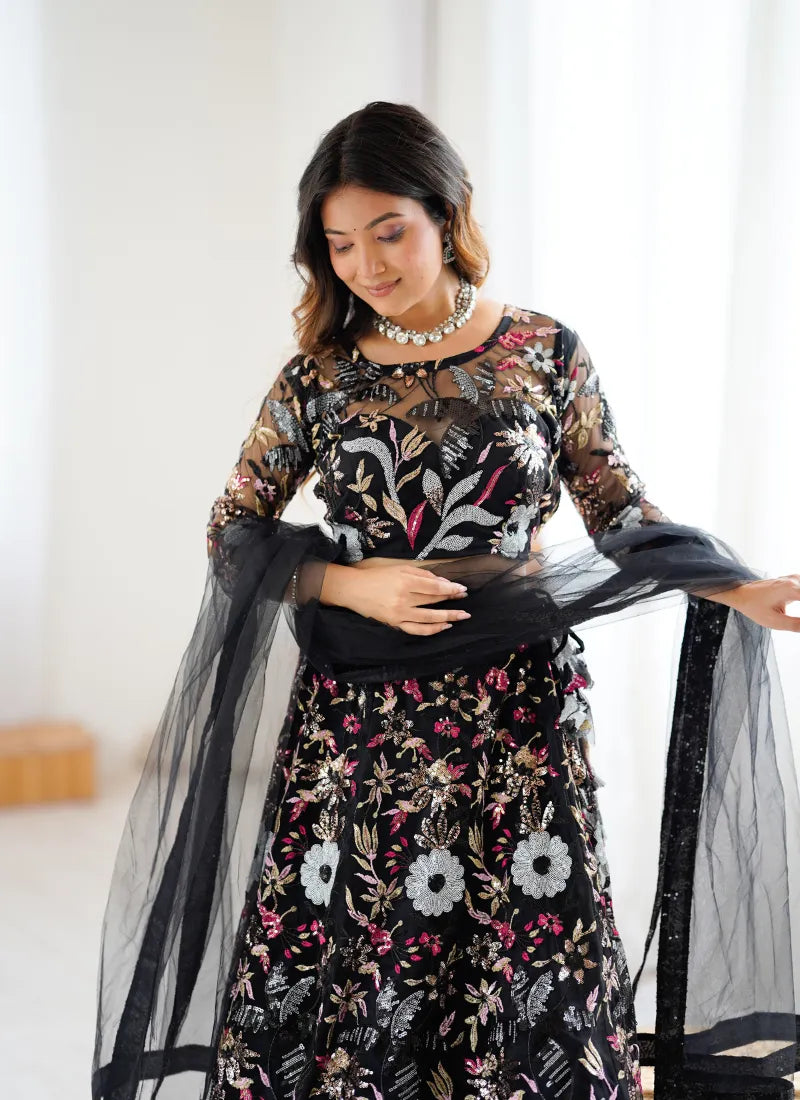 Premium Butterfly Net Lehenga Black