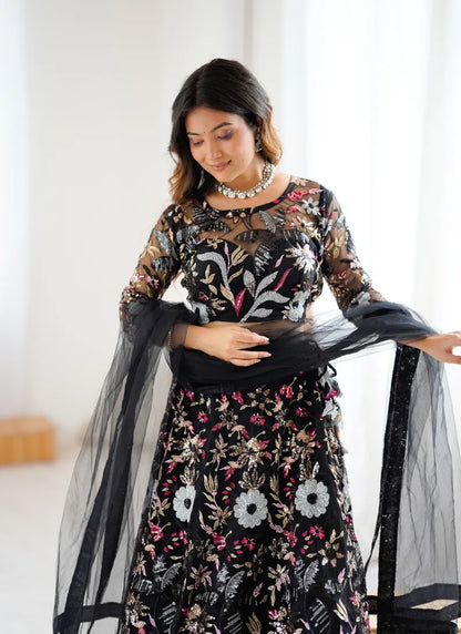 Premium Butterfly Net Lehenga Black