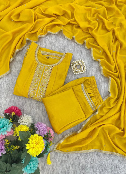 Designer Vichitra Silk Anarkali Kurti Yellow