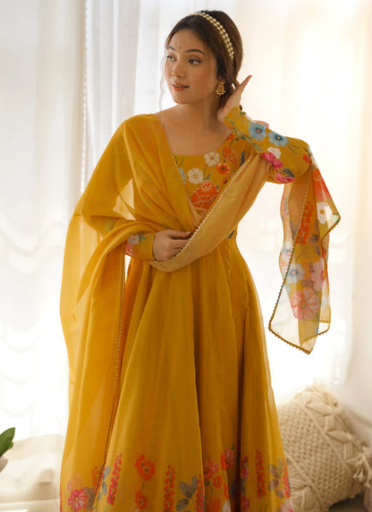 Pure Soft Organja Silk Anarkali Yellow
