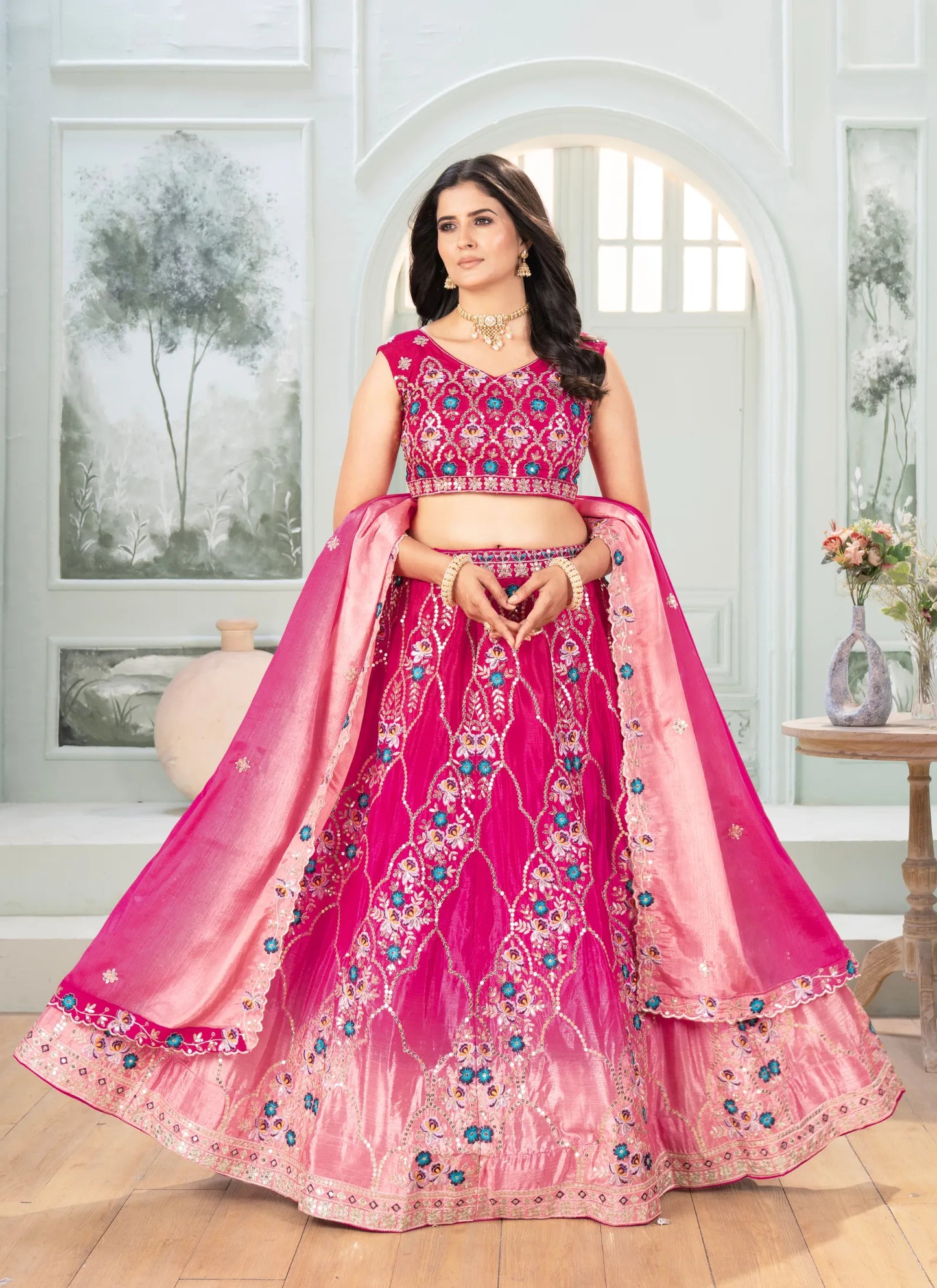 Pink Embroidery Chinon Silk Lehenga Choli