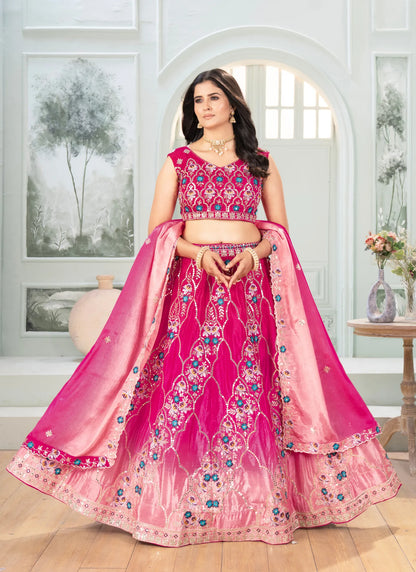 Pink Embroidery Chinon Silk Lehenga Choli