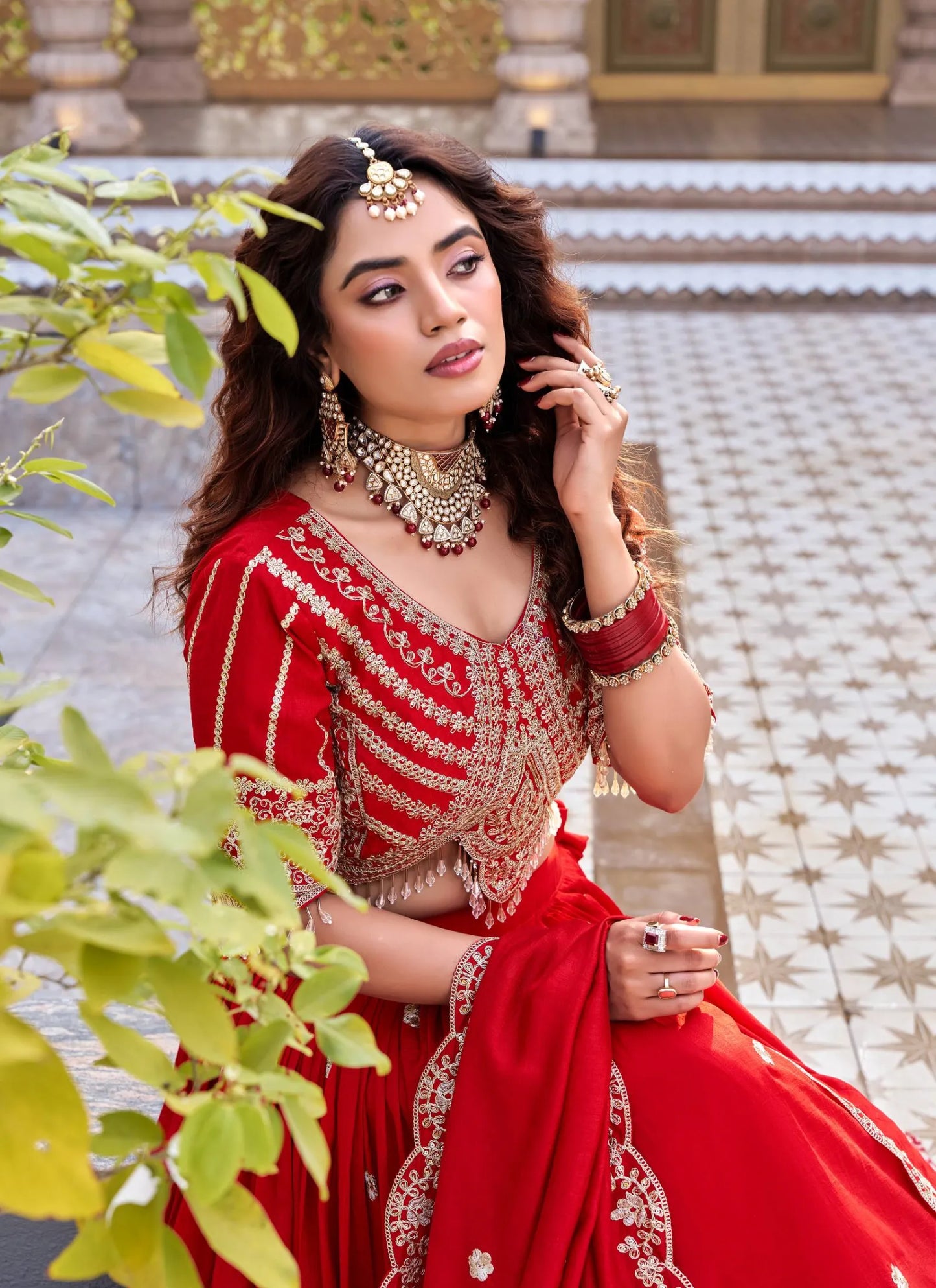 Red Pure Vichitra Silk Embroidery Thread Work Lehenga Choli
