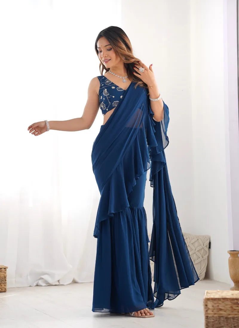 Ready To Wear Sharara Saree Teal Blue