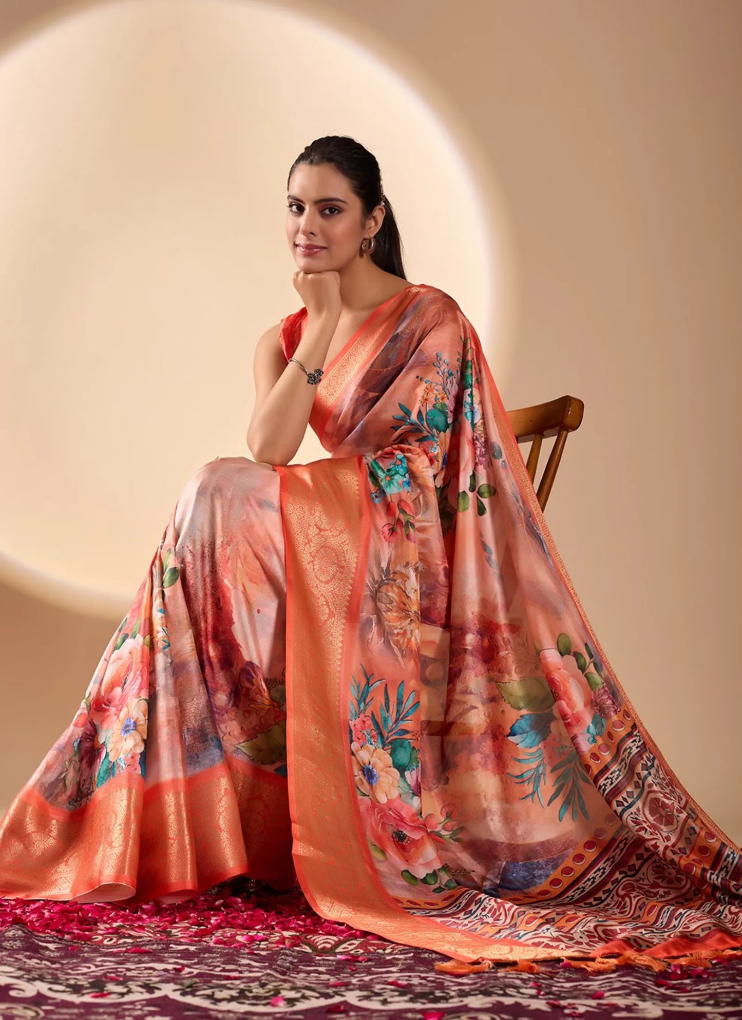 Floral Print Soft Lichi Silk Saree Orange