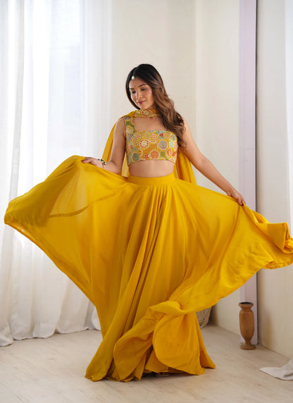 Pure Soft Fox Georgette Lehenga Choli Yellow