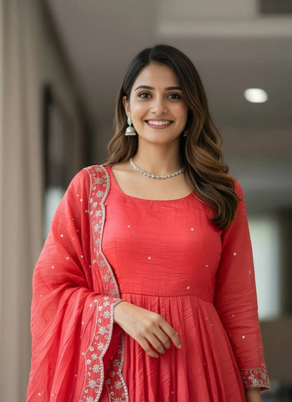 Embroidery Zari Work Silk Gown Red