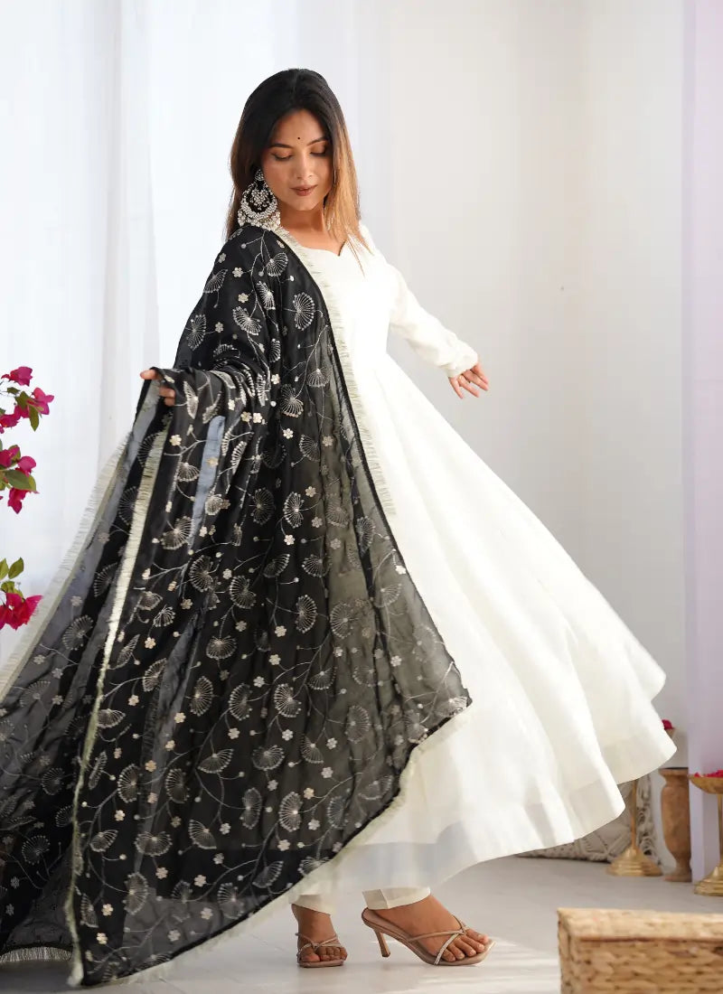 Heavy Pure Soft Vichitra Silk Anarkali Black Dupatta