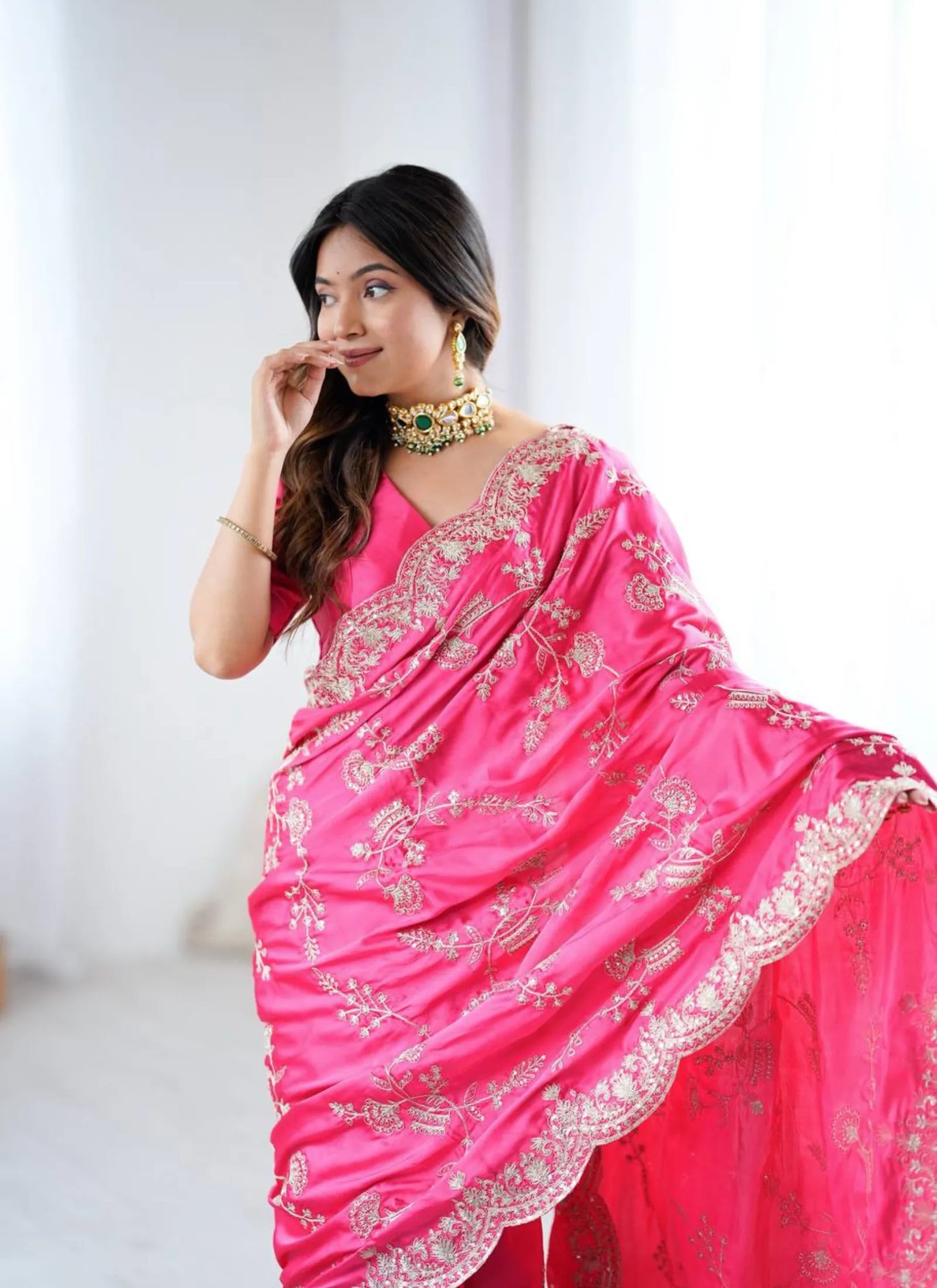 Pink Heavy Satin Silk With Embroidery Saree