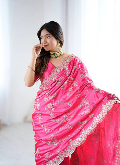 Pink Heavy Satin Silk With Embroidery Saree