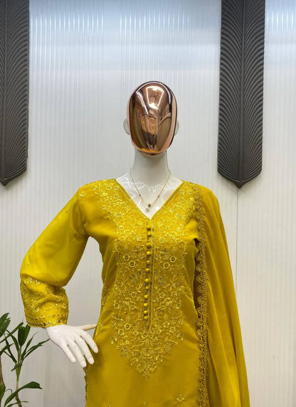 Premium Georgette Embroidery Salwar Suit Yellow