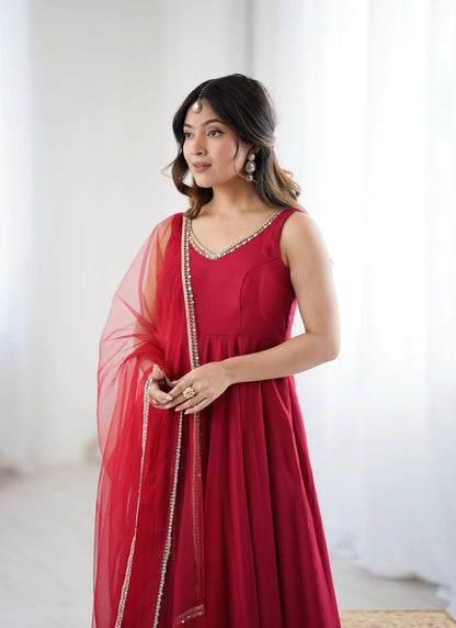 Pure Romansilk Chanderi Fabric Anarkali Maroon
