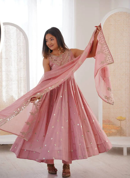 Pink Roman Silk Embroidery Anarkali Suit