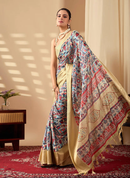 Artistic Multicolor Print Soft Lichi Silk Saree