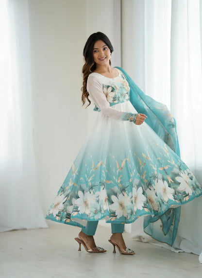 Heavy Pure Soft Organja Silk Print Anarkali Aqua Blue